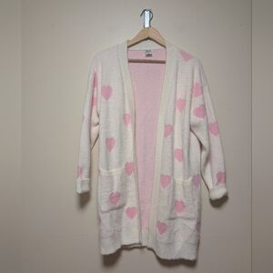 BMG Heart Print Fuzzy Knit Cardigan Pink Ivory Size L